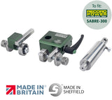 Mechanical components with RECORD POWER branding and 'Made in Britain' and 'Made in Sheffield' labels on a white background. Cobra System for the Sabre Bandsaw.