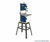 Rikon Bandsaw 10 inch mounted on a black steel stand with a large cast iron table, featuring a safety paddle switch and a dust port.